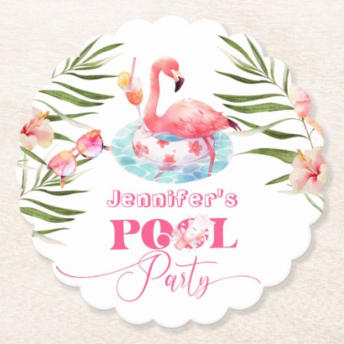 Flamingo pool party pink girl birthday paper coaster