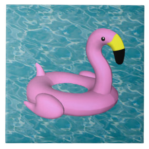 Flamingo pool toy on turquoise water  ceramic tile