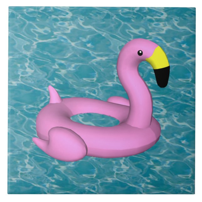 Flamingo pool toy on turquoise water  ceramic tile (Front)