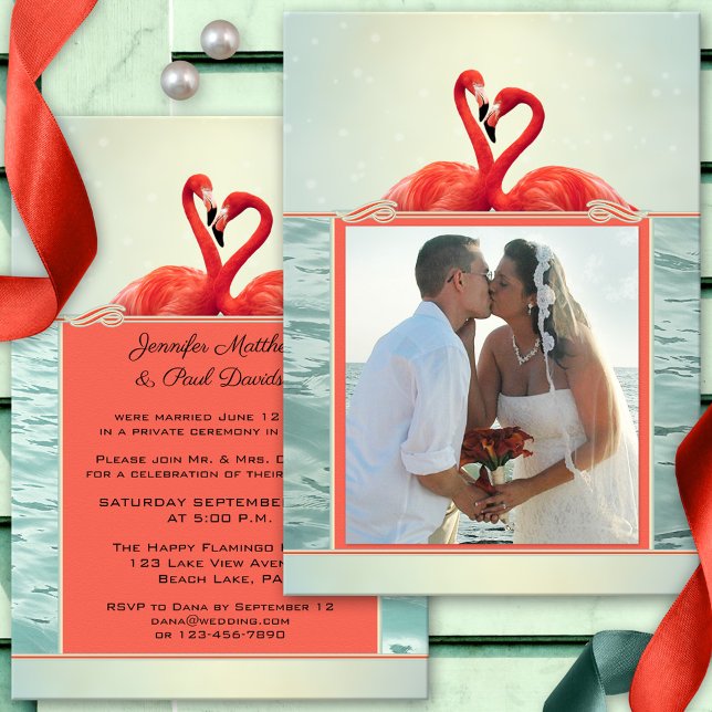 Flamingo Post or After Wedding Photo Invitation (Wedding photo reception only or after wedding invitation featuring two flamingos on an ocean)