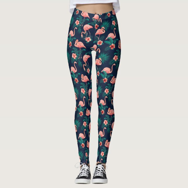 Flamingo Print, Pink Hibiscus Tropical Flower Leggings (Front)