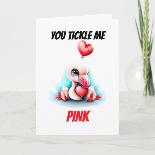 Flamingo pun  tickle me pink cute baby bird puns holiday card