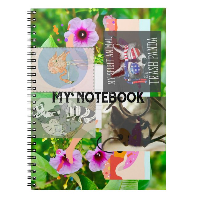 Flamingo, Raccoon Spirit Animal, Ringtail, Floral Notebook (Front)