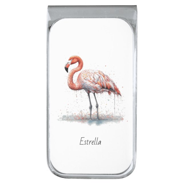 Flamingo Radiance: Watercolor Art, custom Silver Finish Money Clip (Front Vertical)