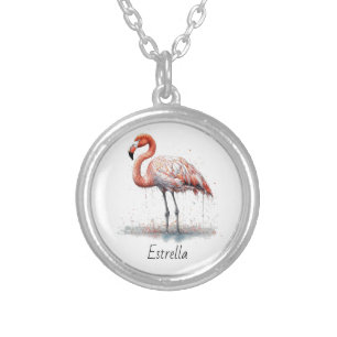 Flamingo Radiance: Watercolor Artm custom Silver Plated Necklace