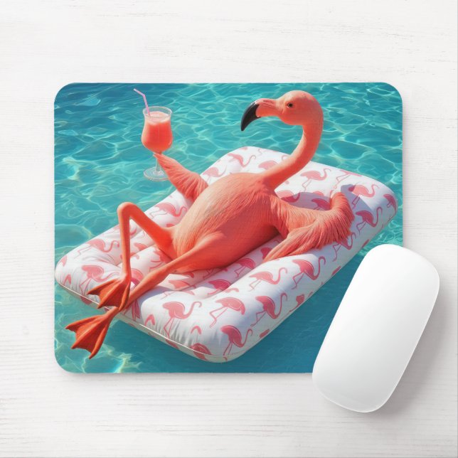 Flamingo Relaxing On a Pool Mattress Mouse Pad (With Mouse)