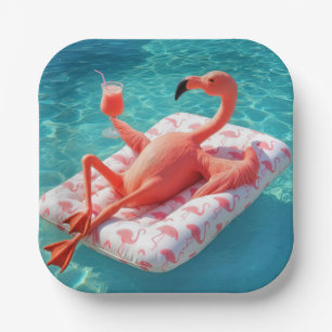 Flamingo Relaxing On a Pool Mattress Paper Plates