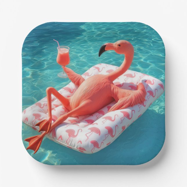 Flamingo Relaxing On a Pool Mattress Paper Plates (Front)