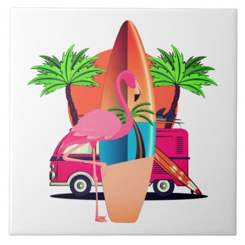 Flamingo Retro Beach Surf Theme Ceramic Tile