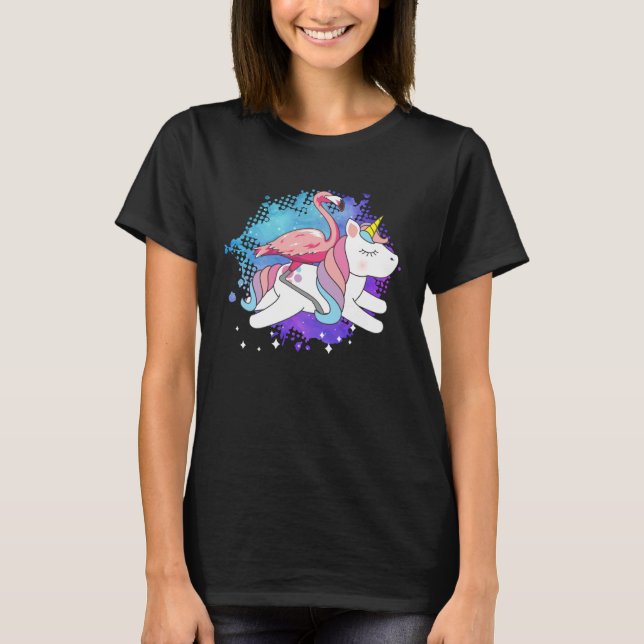 Flamingo Riding A Unicorn Flamingo Bird T-Shirt (Front)