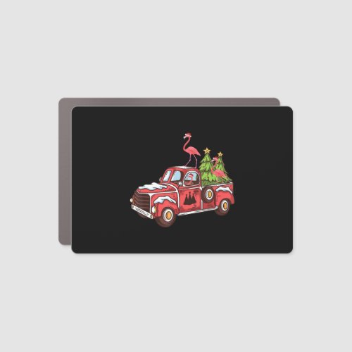 Flamingo Riding Red Truck Tree Christmas Car Magnet