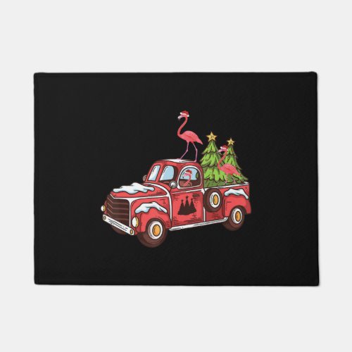 Flamingo Riding Red Truck Tree Christmas Doormat