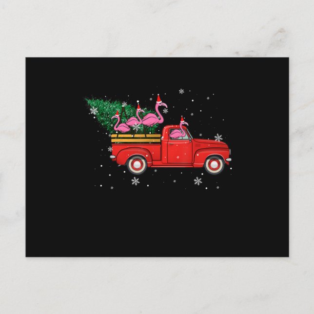 Flamingo Riding Red Truck Xmas Santa Hat Christmas Announcement Postcard (Front)