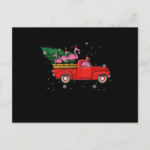 Flamingo Riding Red Truck Xmas Santa Hat Christmas Postcard