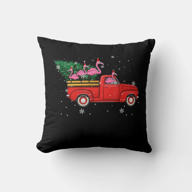 Flamingo Riding Red Truck Xmas Santa Hat Christmas Throw Pillow (Front)