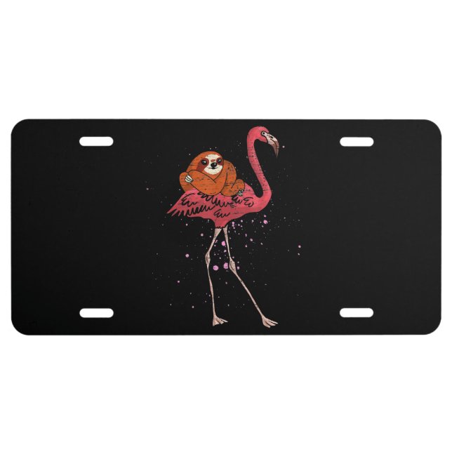 Flamingo Riding Sloth Animal Lover Gift Flamingo License Plate (Front)