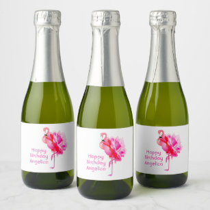 Flamingo Rose Custom Happy Birthday Party Sparkling Wine Label