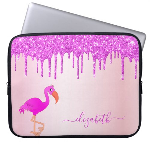 Flamingo rose gold purple glitter drips monogram laptop sleeve