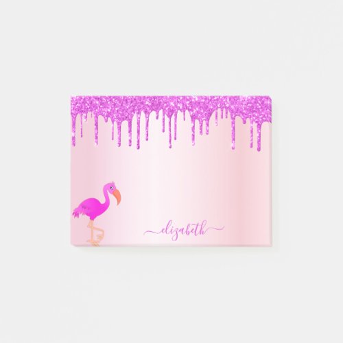 Flamingo rose gold purple glitter drips monogram post_it notes