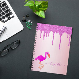 Flamingo rose gold purple glitter drips name notebook