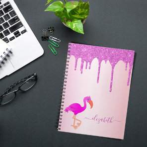 Flamingo rose gold purple glitter drips name notebook