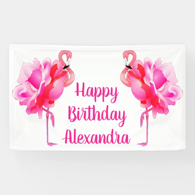 Flamingo Rose Happy Birthday Party  Banner (Horizontal)