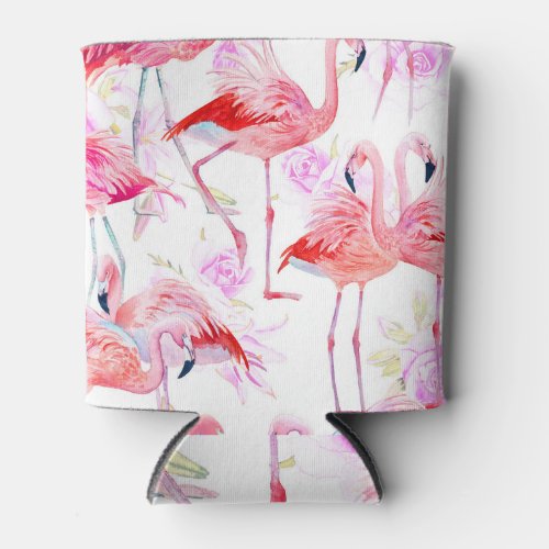 Flamingo Rose Watercolor Bird Floral Can Cooler