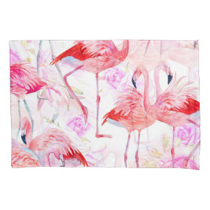 Flamingo Rose: Watercolor Bird Floral Pillow Case