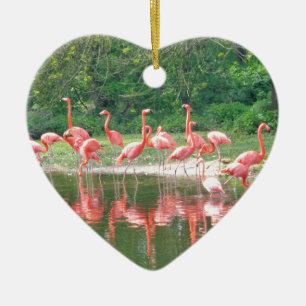 Flamingo Row at Lake in Spring,Birds Pink Wildlife Ceramic Ornament