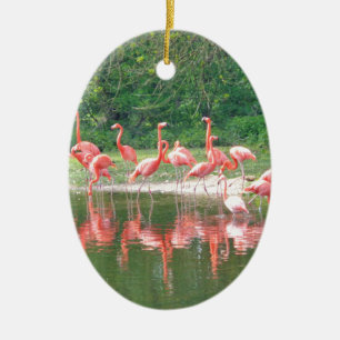 Flamingo Row at Lake in Spring,Birds Pink Wildlife Ceramic Ornament