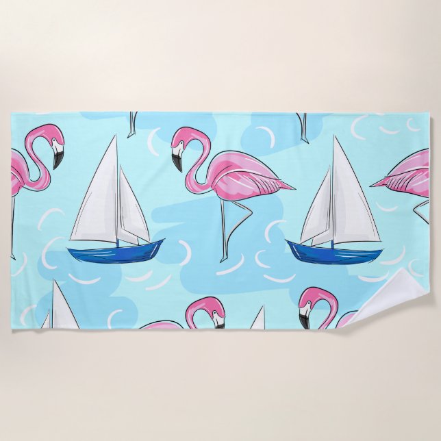 Flamingo Sailboat Preppy Beach Towel (Front)