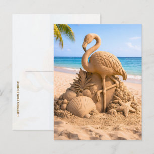 Flamingo Sand Sculpture on Tropical Beach Postcard