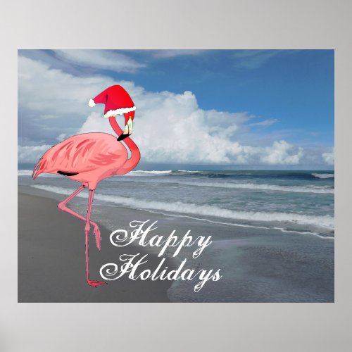Flamingo Santa Beach Christmas Happy Holidays Poster