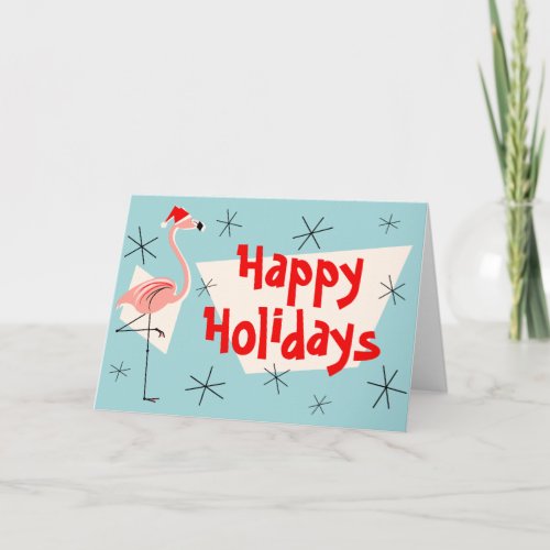 Flamingo Santa Blue Happy Holidays front Holiday Card
