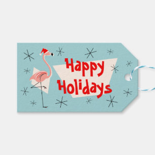 Flamingo Santa Blue Happy Holidays gift tags