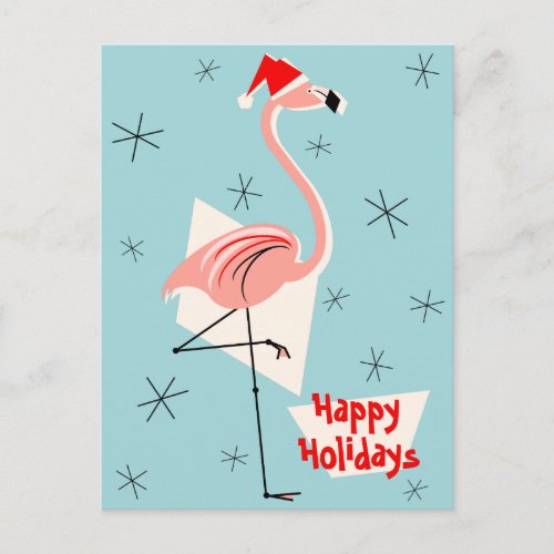 Flamingo Santa Blue Happy Holidays portrait Holiday Postcard