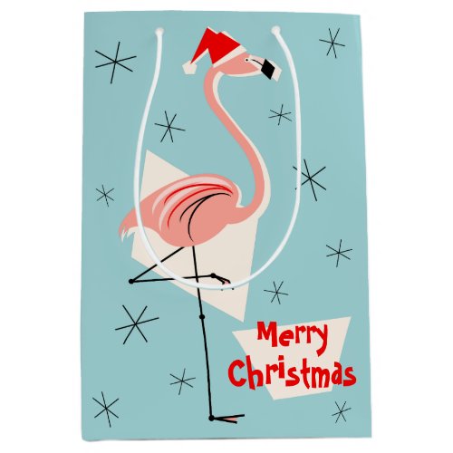 Flamingo Santa Blue Merry Christmas medium Medium Gift Bag