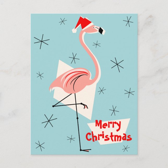 Flamingo Santa Blue Merry Christmas portrait Holiday Postcard (Front)