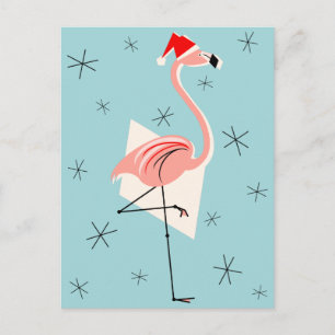 Flamingo Santa Blue portrait Holiday Postcard