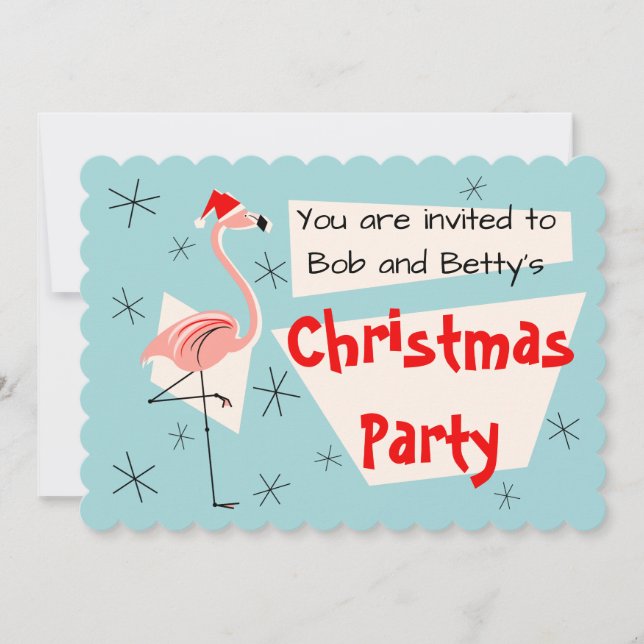Flamingo Santa Blue scalloped horizontal Invitation (Front)