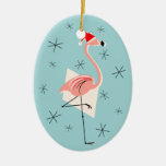 Flamingo Santa Blue Text Ornament Oval at Zazzle