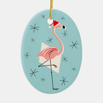 Flamingo Santa Blue Text Ornament Oval by QuirkyChic at Zazzle
