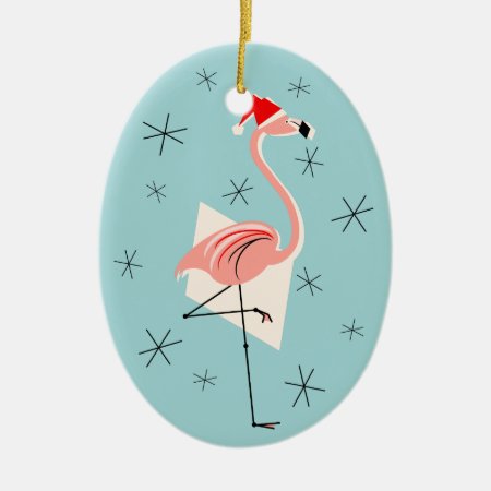 Flamingo Santa Blue Text Ornament Oval