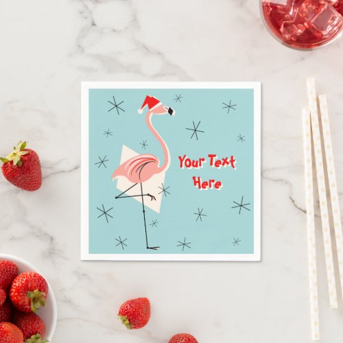 Flamingo Santa Blue Text paper napkin
