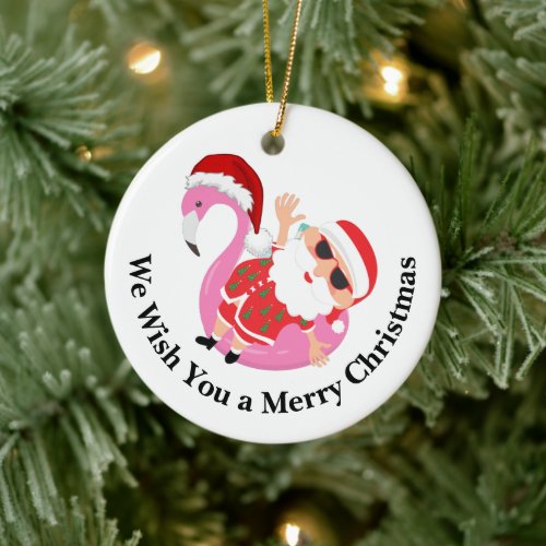 Flamingo Santa Claus Merry Christmas Wish Ceramic Ornament