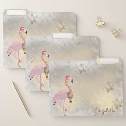 Flamingo Santa Hat Gold Snowflakes_ Personalized File Folder