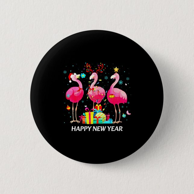Flamingo Santa Hat Happy New Year Light Long Sleev Button (Front)