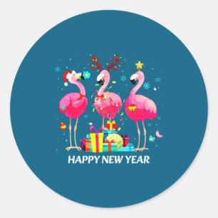 Flamingo Santa Hat Happy New Year Light Long Sleev Classic Round Sticker