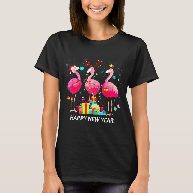 Flamingo Santa Hat Happy New Year Light Long Sleev T-Shirt (Front)