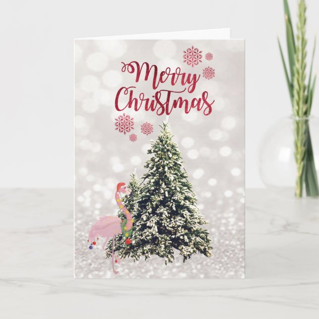 Flamingo Santa Hat,Pine Trees, Glittery Bokeh Holiday Card (Front)